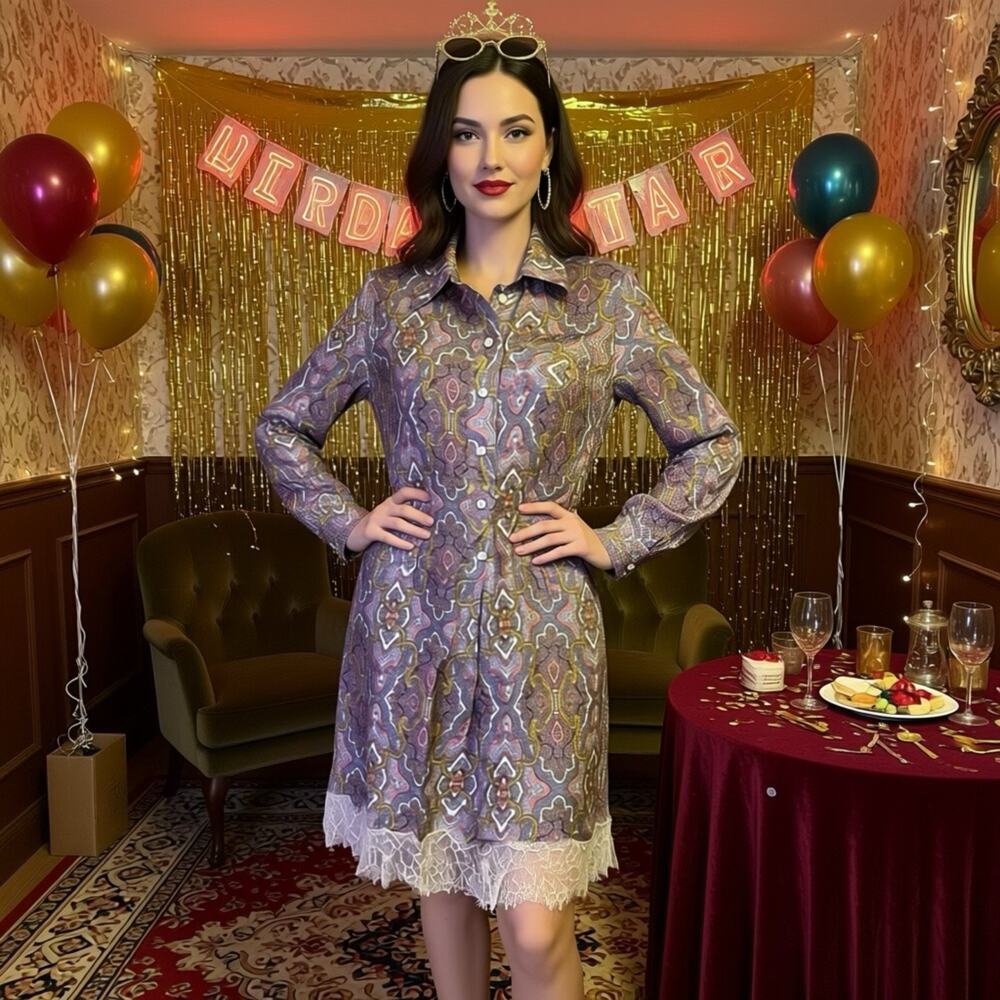 MissJune Woman 3 Luxury Silk ShirtDress LongSleeve Lace Dainty Paisley Whimsical - Picture 1 of 11